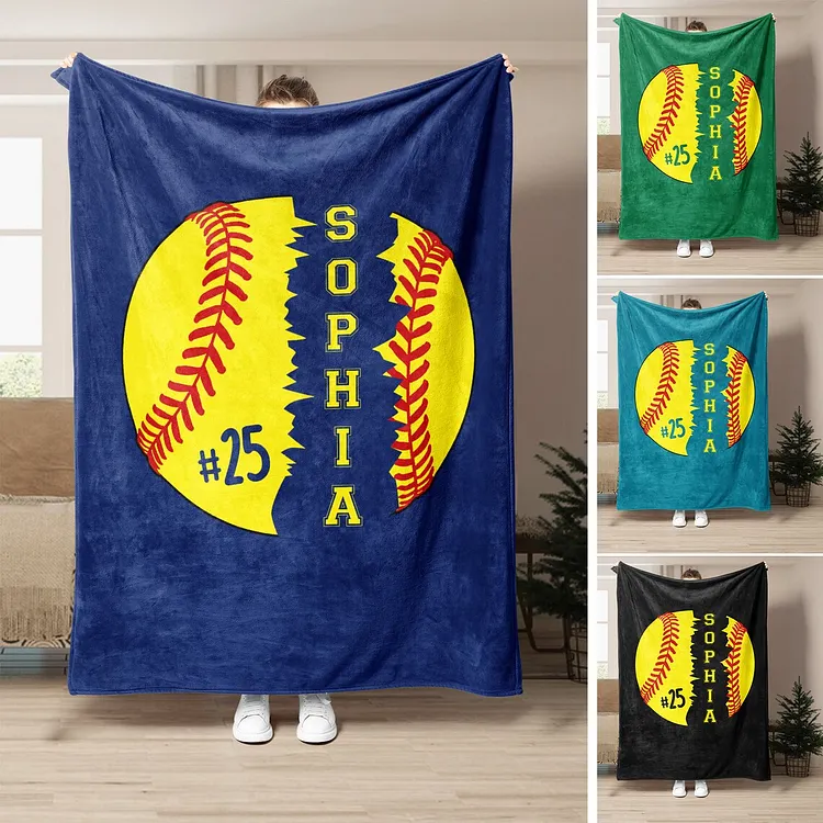 Personalized Softball Blanket, Sports Blanket, Custom Name Soft Cozy Blankets | BKKid347