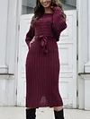 Off-The-Shoulder Long Sleeve Loose Solid Color Belted Knitting Midi Dress