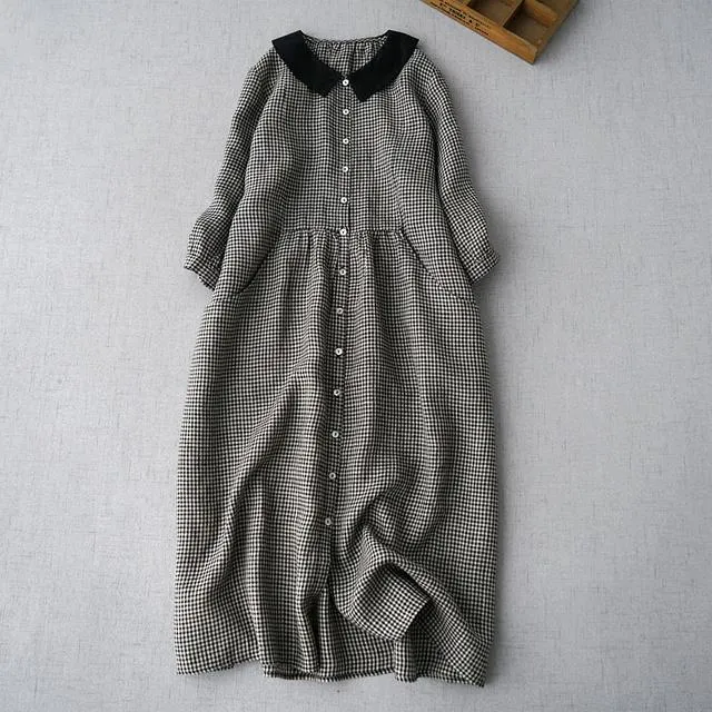 Retro Doll Collar Plaid Printed Comfy Midi Dress