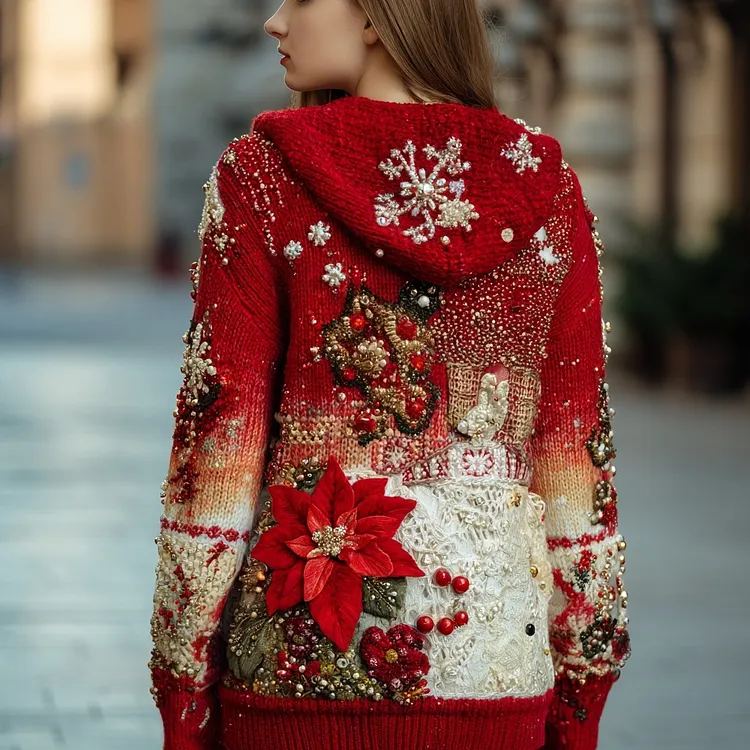 Christmas Inspired Beads Embroidered V Neck Hooded Sweater