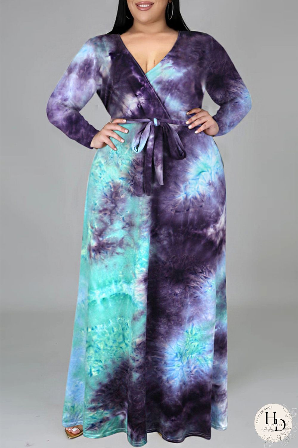 Colour Fashion Casual Print Tie-dye V Neck Long Sleeve Plus Size Dress