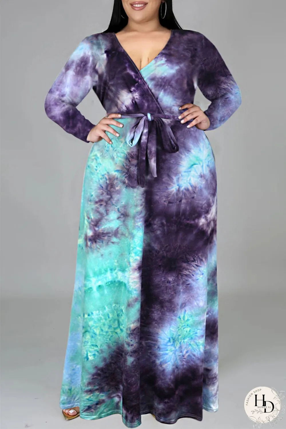 Colour Fashion Casual Print Tie-dye V Neck Long Sleeve Plus Size Dress