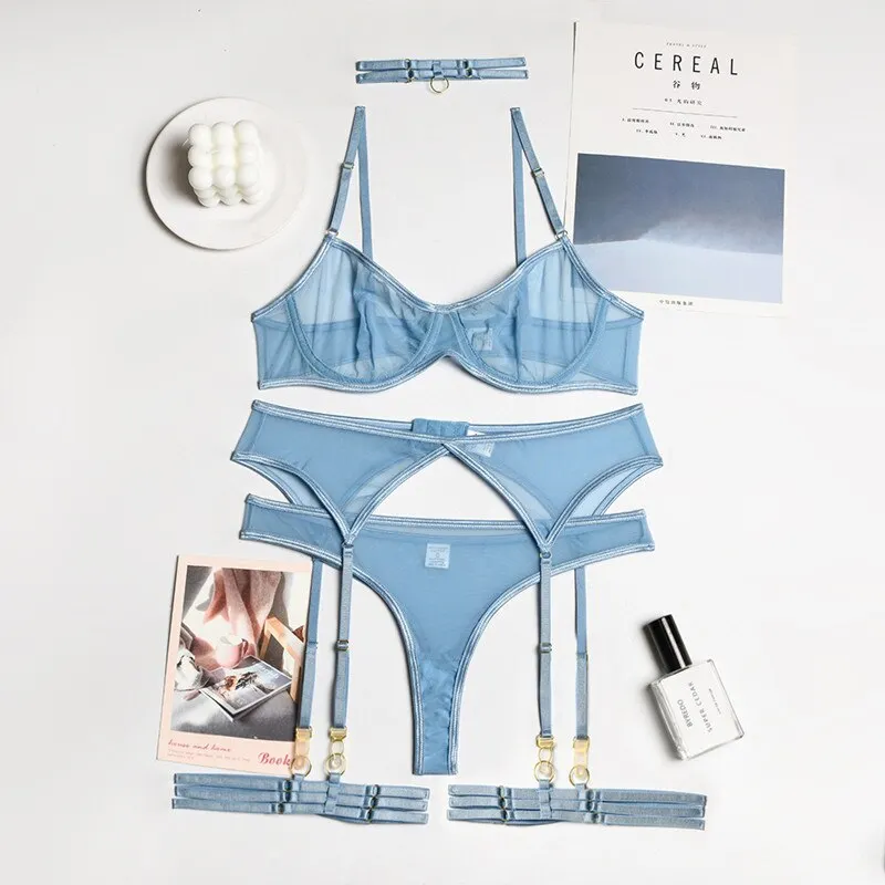 MIRABELLE Sensual Lingerie Set Woman 4 Pieces Sexy Erotic Underwear Bra Garters Brief Sets Transparent Lace Seamless Outfits