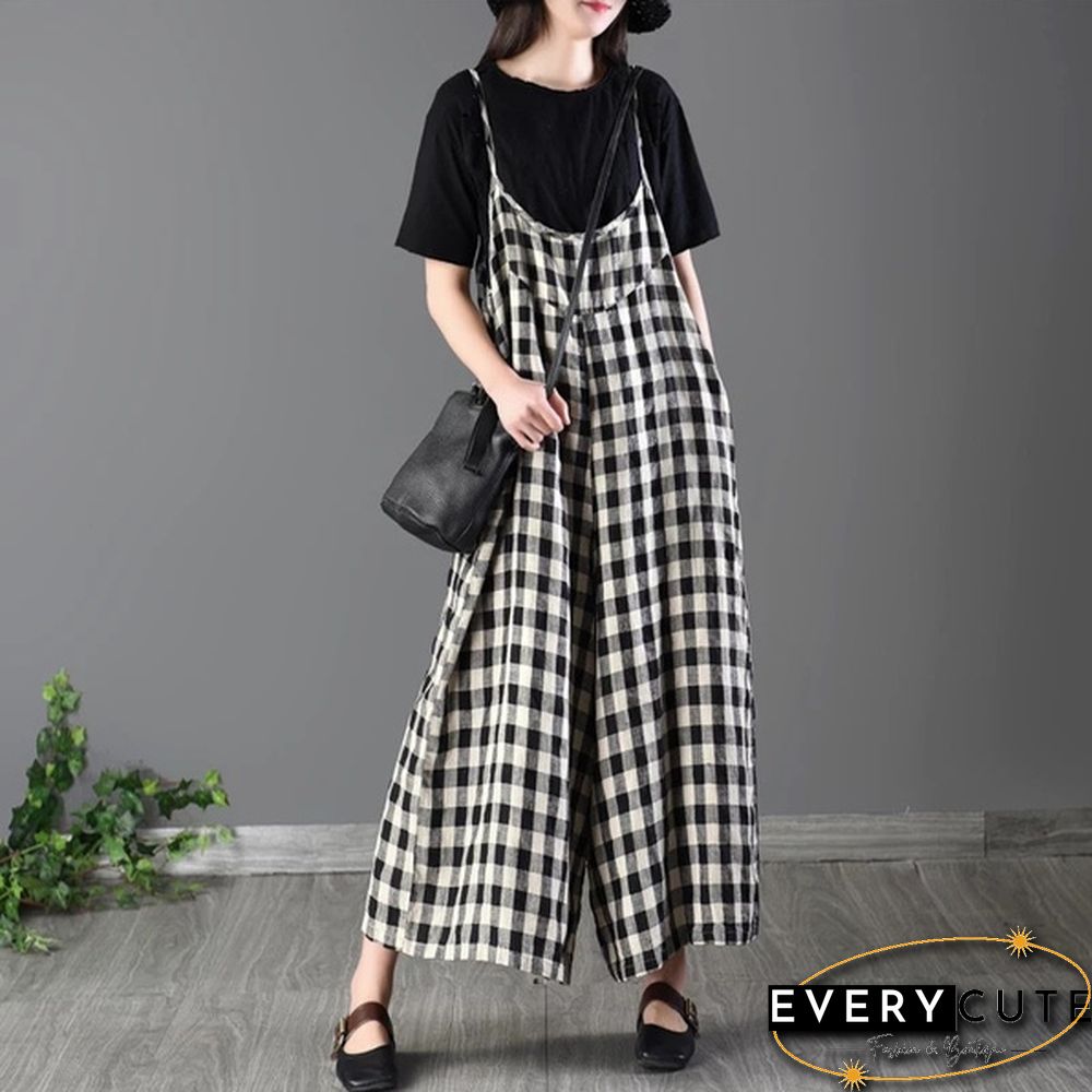 Women Loose Bib Pants Ladies Checked Suspenders Baggy Overalls Sleeveless Jumpsuit