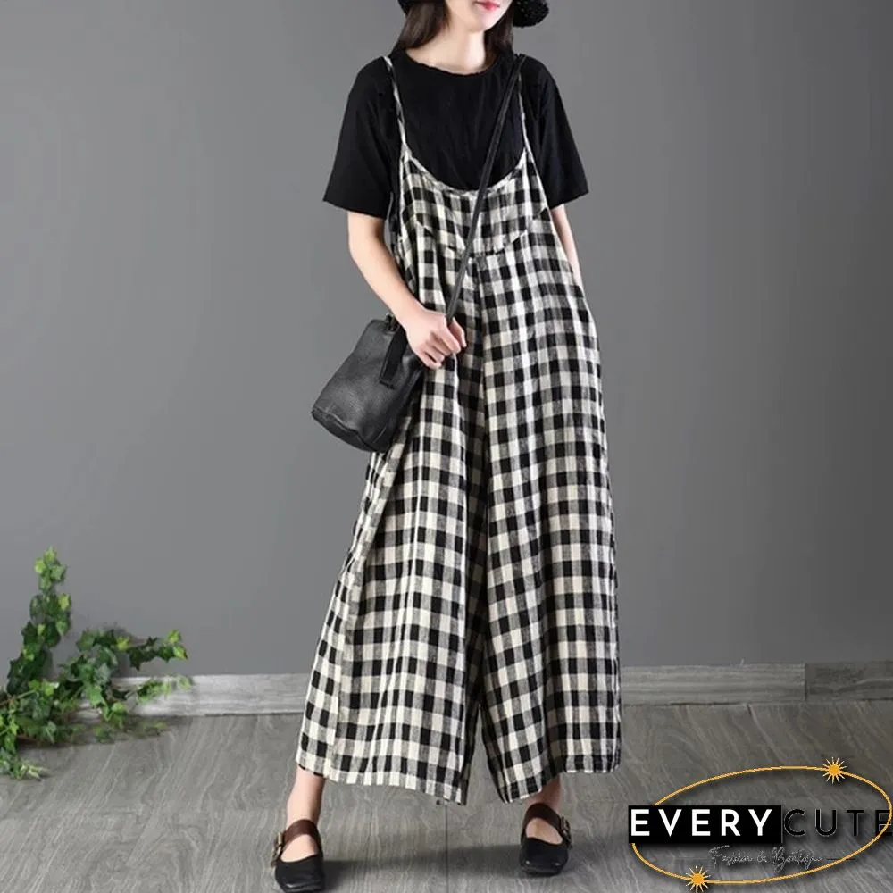 Women Loose Bib Pants Ladies Checked Suspenders Baggy Overalls Sleeveless Jumpsuit