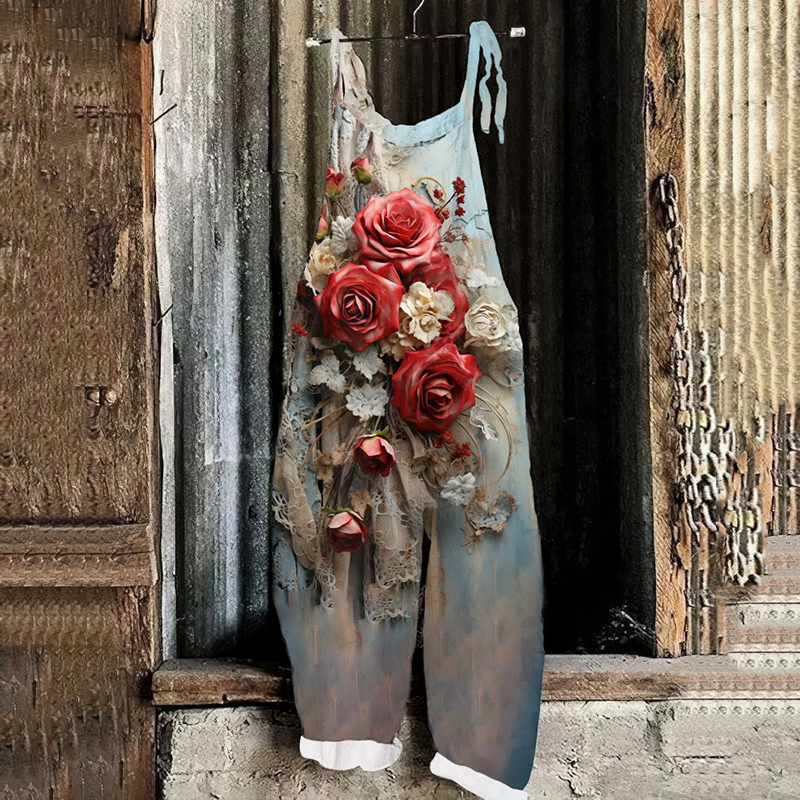 Women's Rose Floral Art Cotton Blend Casual Jumpsuit artswardrobe