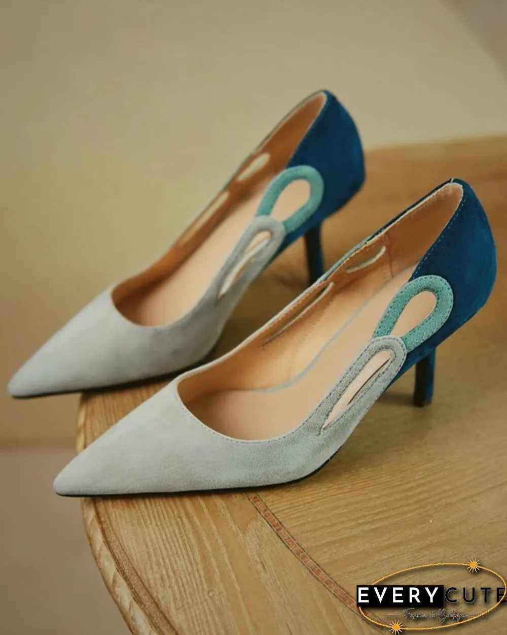 Colorblock Cut-out Suede Leather High Heel Sandals