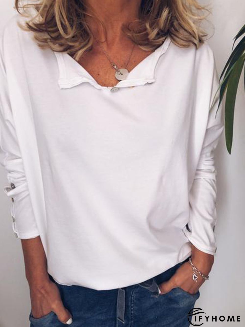 Casual Cotton V Neck Long Sleeve T-Shirt | IFYHOME