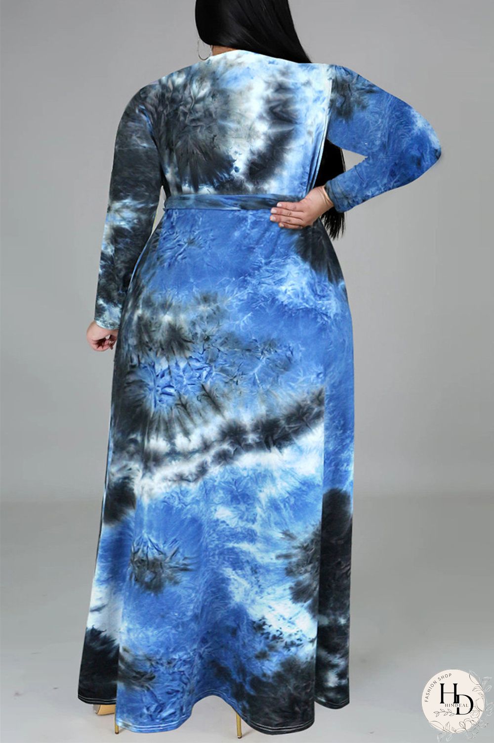 Colour Fashion Casual Print Tie-dye V Neck Long Sleeve Plus Size Dress