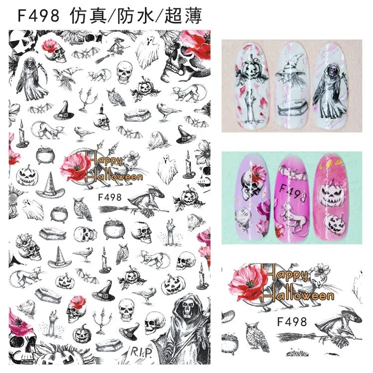 Halloween Nail Art Sticker Ghost Witch Spider Web Pumpkin Nail Decals Sexy Skull Bone Water Transfer Decals Nails Foil Manicure-Nail Inspo