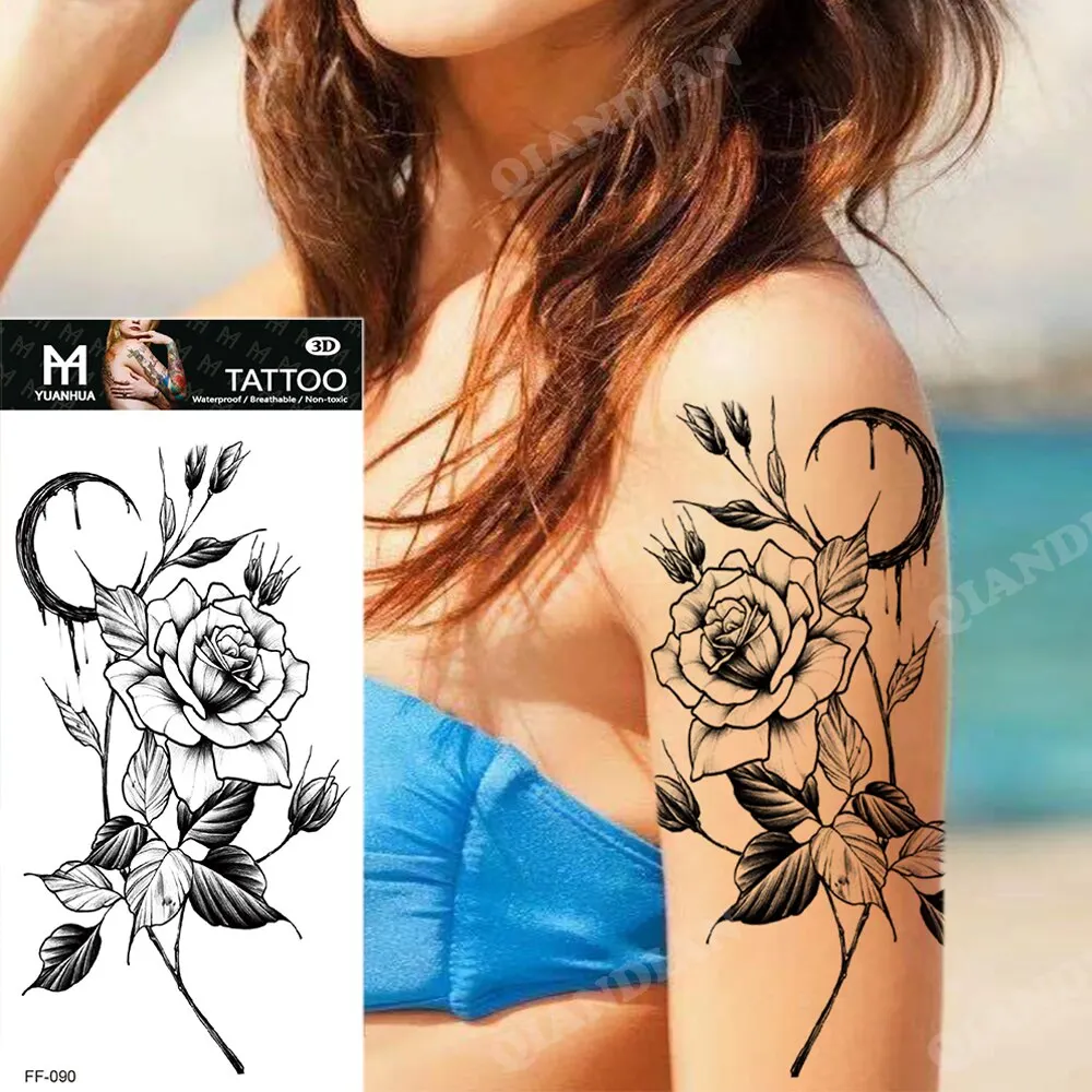 10 Sheets Temporary Tattoos Black Flower Butterfly Moon Flash Beauty Body Arm Art Waterproof Fake Sleeve Tatoo Sticker Women