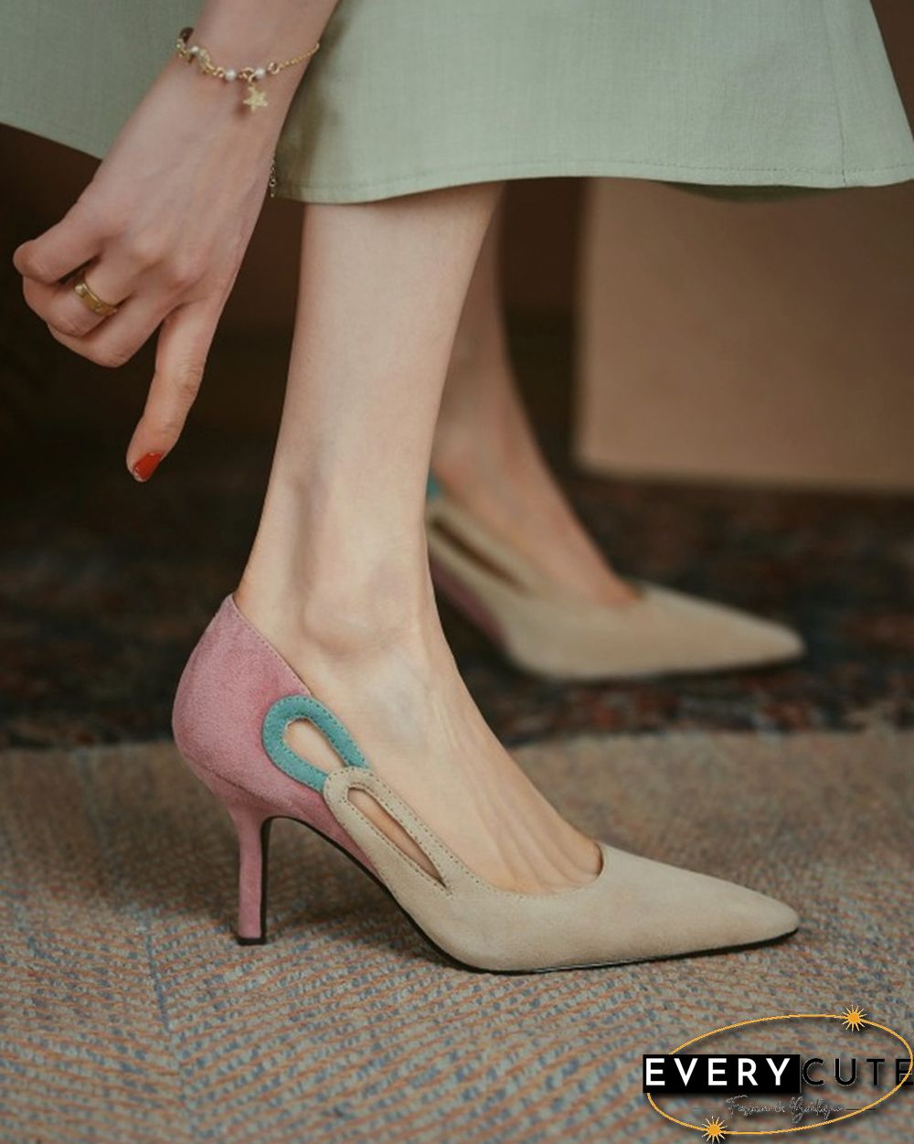Colorblock Cut-out Suede Leather High Heel Sandals