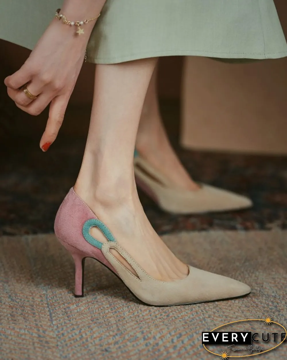 Colorblock Cut-out Suede Leather High Heel Sandals