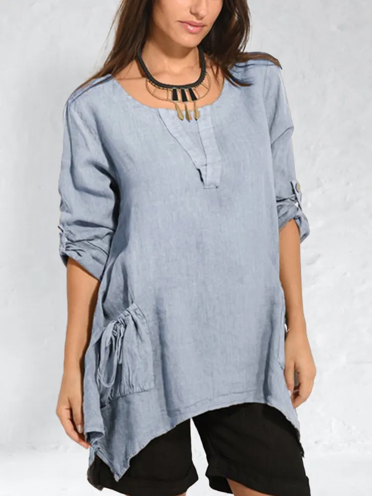 Drawstring Patch Pockets Roll Tab Linen Tunic