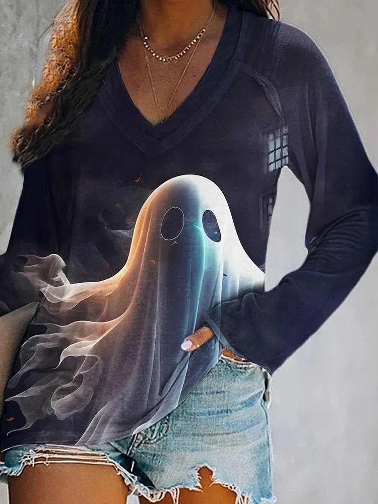 Women's Halloween Ghost Print V Neck Casual Long Sleeve Top