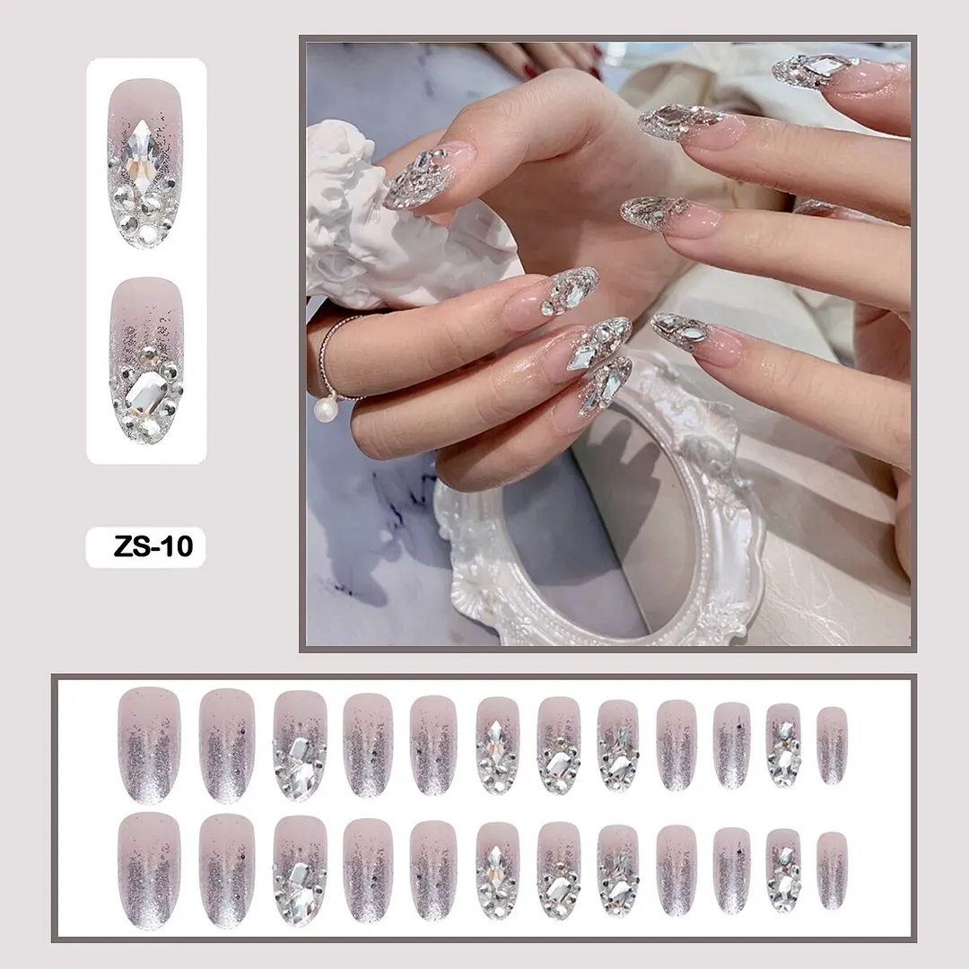 24PCS False Nails with Glue Rhinestones Long Trapezoid Detachable Pearl Stick on Nails Press on Nails Art With Wearing Tools-Nail Inspo