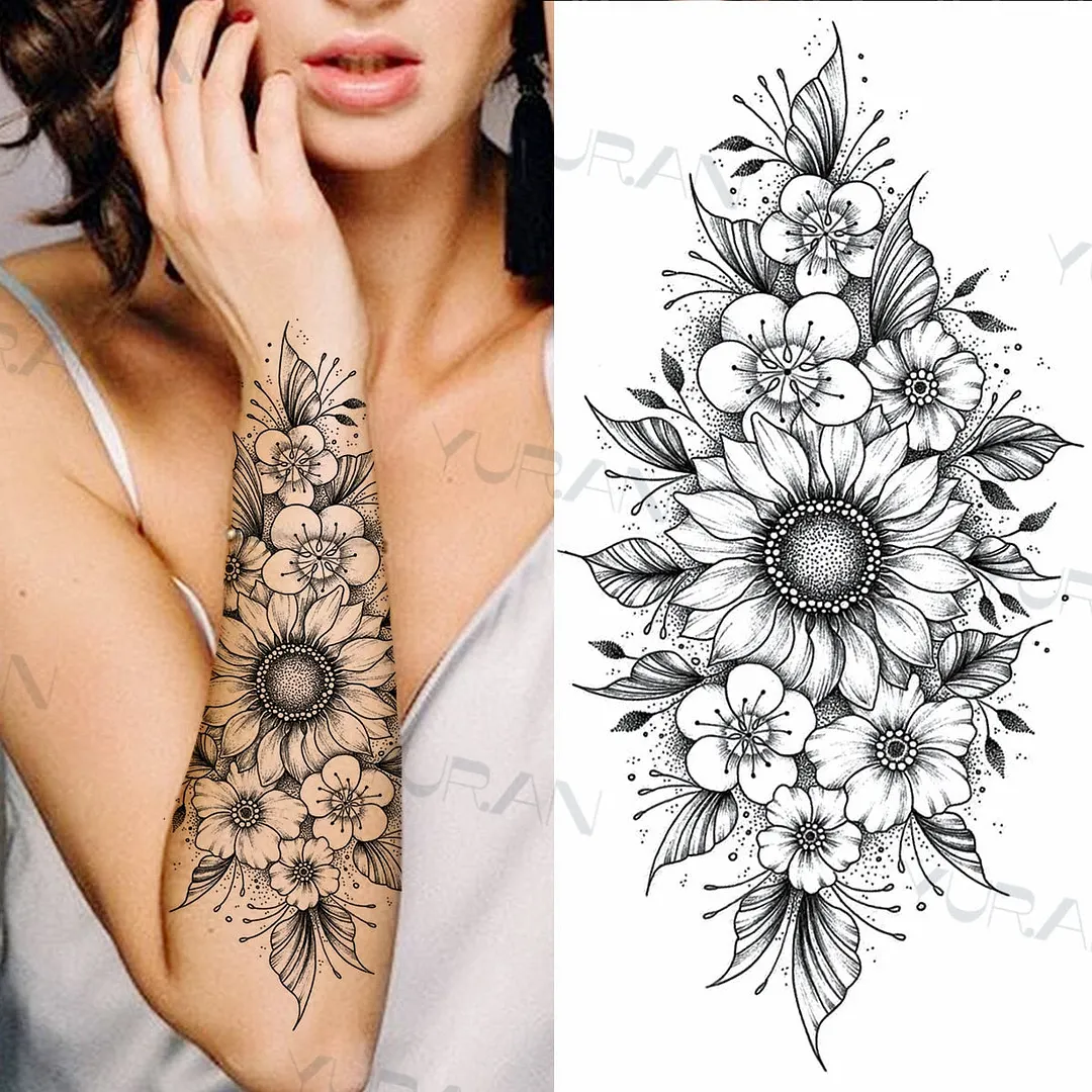 Black Large Snake Flower Fake Tattoo Sticker For Women Dot Rose Peony Temporary Tattoos DIY Water Transfer Tatoos Girls 530