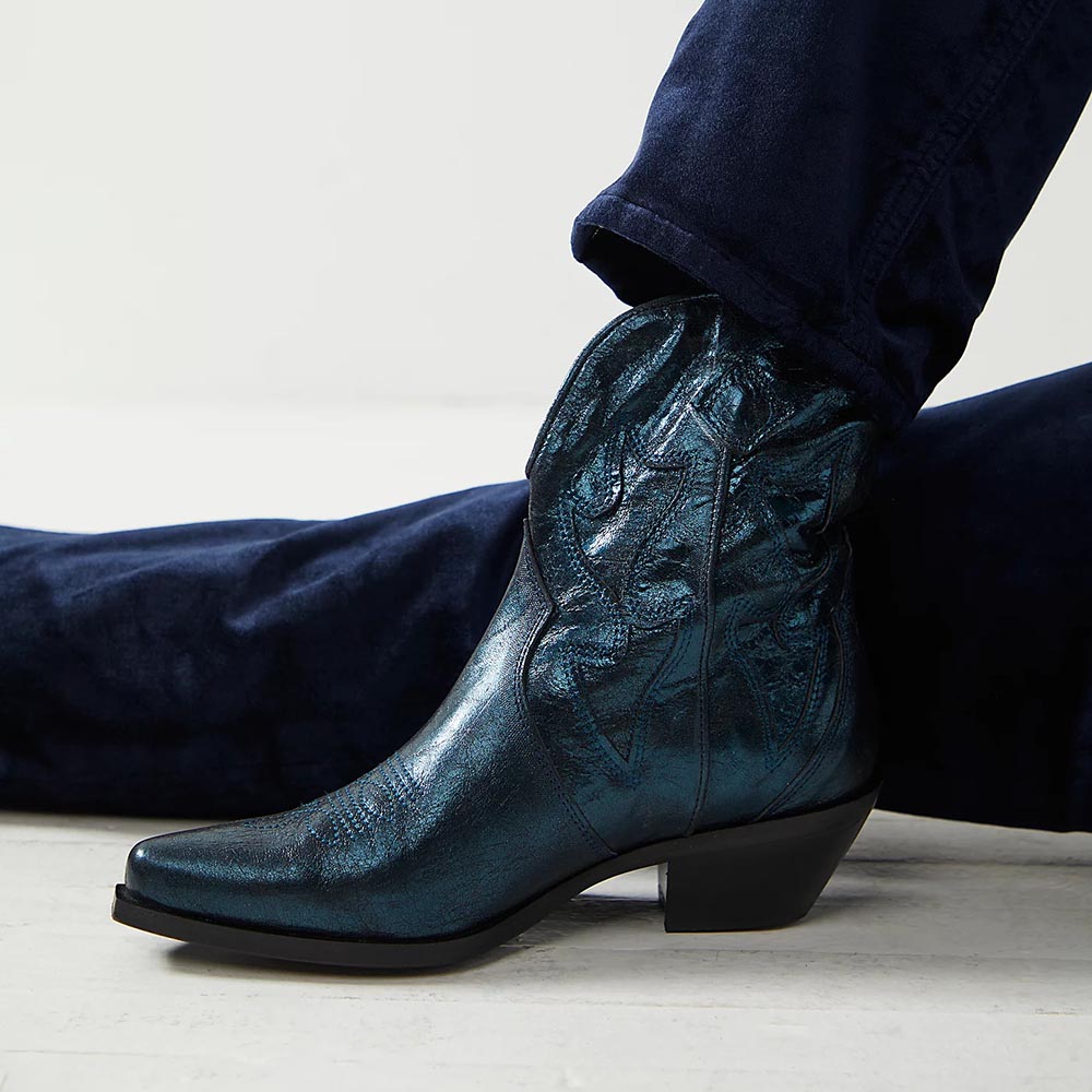 Dark Teal Pointed Toe Chunky Heel Embroidered&nbsp;Cowgirl Ankle Boots Nicepairs