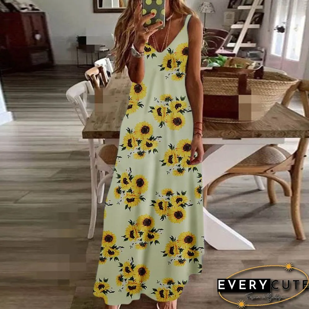 Women's Fashion Summer Sleeveless Floral Printing Sling Dress Deep V-Neck Slim Fit Big Swing Skirts Loose Casual Long Maxi Dresses Ladies Plus Size Party Dresses