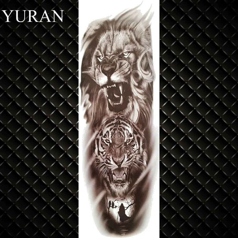 Black Military Maori Totem Temporary Sleeve Tattoos For Men Realistic Fake Full Arm3D Dragon Skull Wolf Lion Robot Tatoos Paste