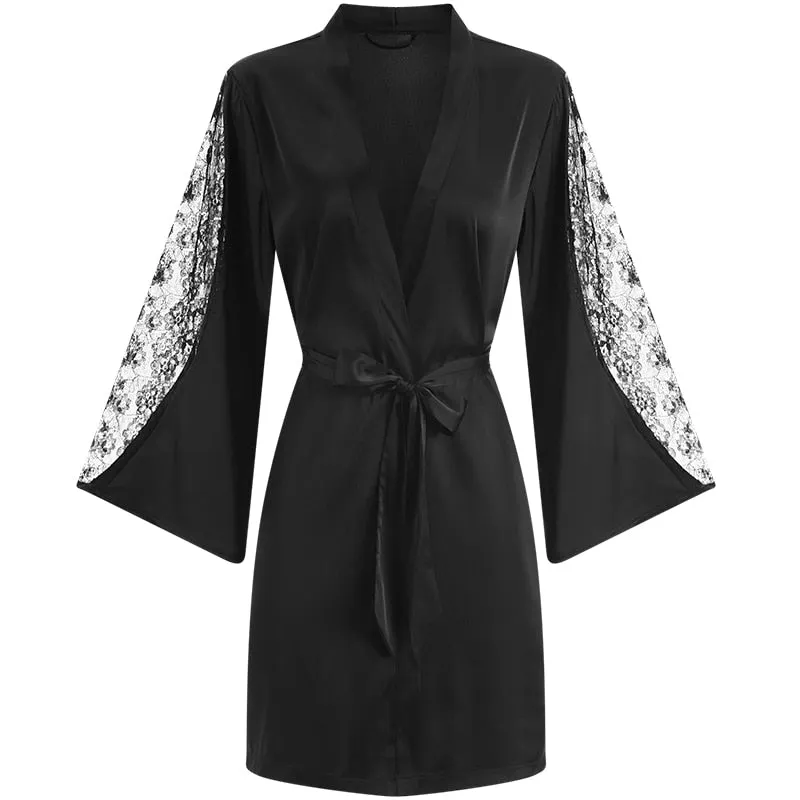 CINOON Sexy Female Sleepwear Silk Robe Set Summer Kimono Bathrobe Lace Bath Gown Wedding Night Dress Home Clothes Nightwear