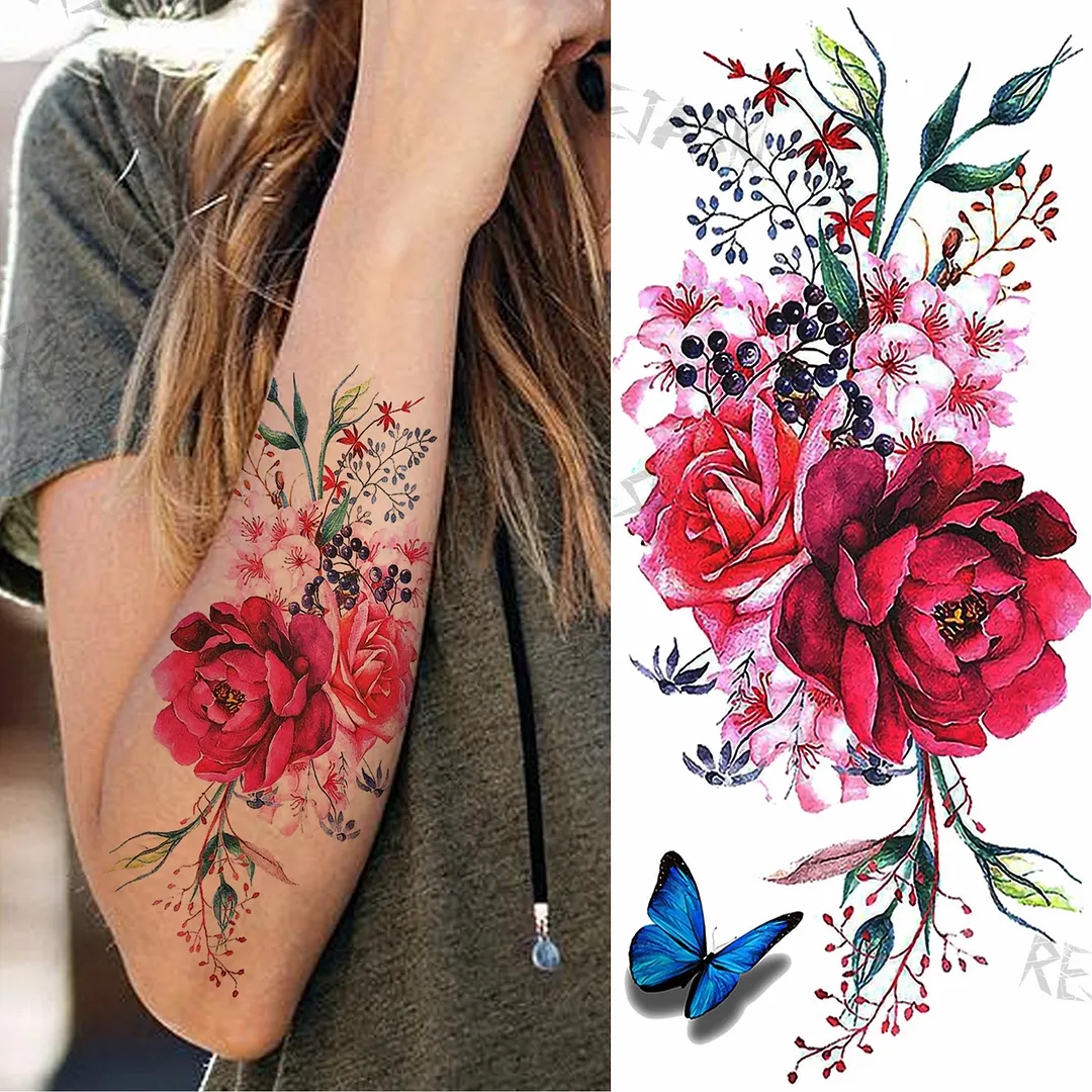 Sdrawing Rose Jewelry Water Transfer Tattoo Stickers Women Body Chest Art Temporary Tattoo Girl Waist Bracelet Flash Tatoos Flower