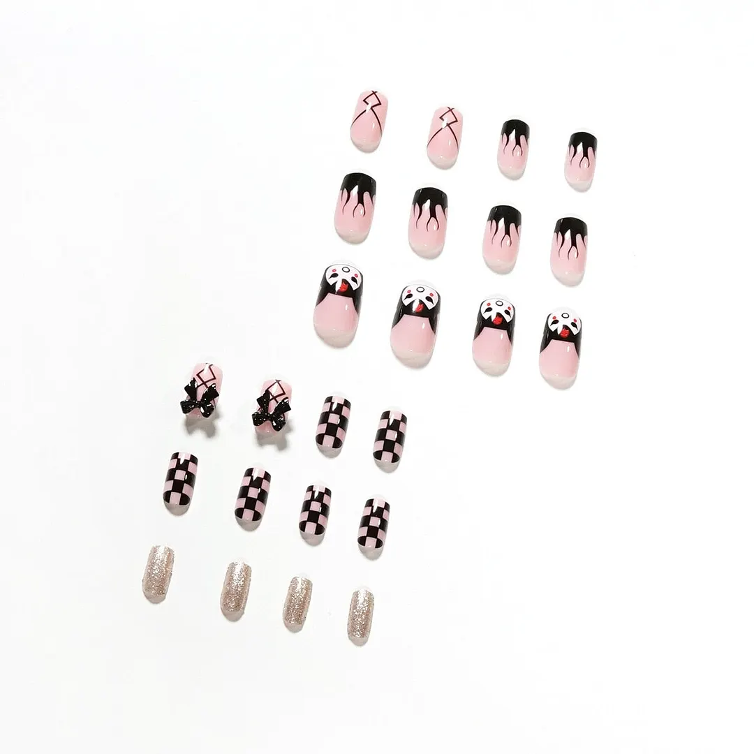Fake Nails Kurumi Checkerboard Flame Full Cover Fake Nails DIY Glue Press On Nails Nail Supplies For Professionals-Nail Inspo