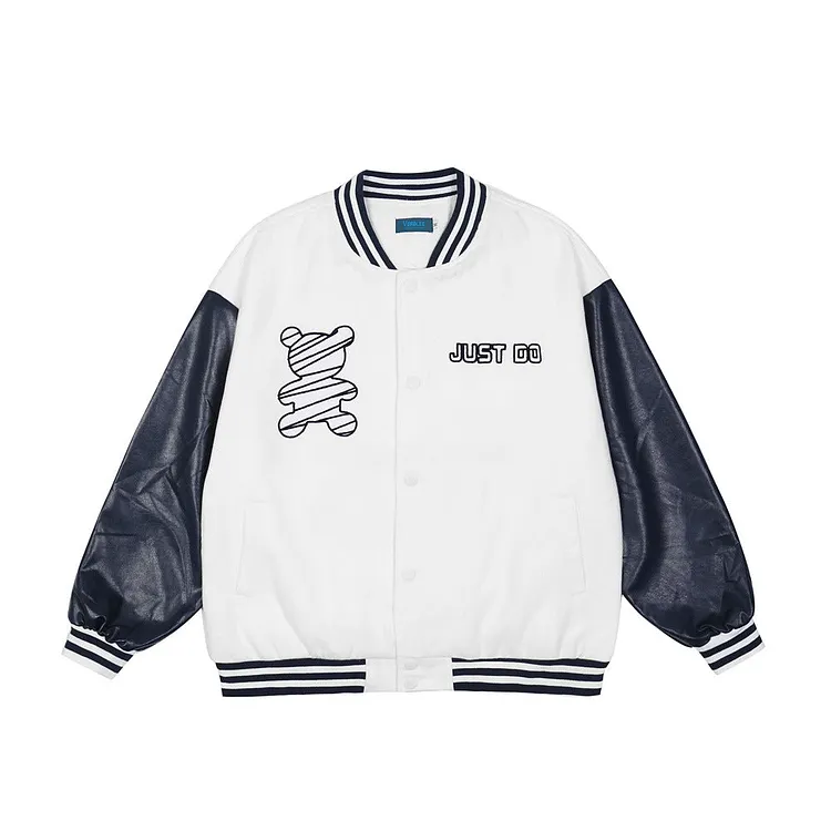 Letterman Jacket Outfit Senior Jackets Varsity Baseball Coat Cartoon Bear Embroidery Baseball Uniform Men's Loose Collar Jacket