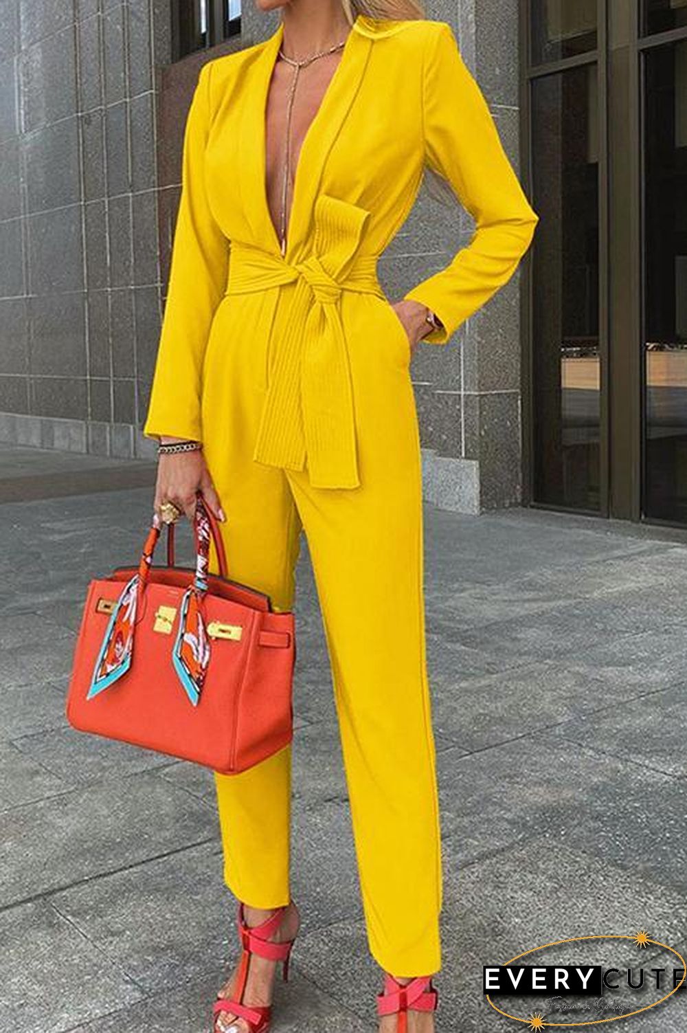 Lace Up Lapel Deep V Neck Jumpsuit
