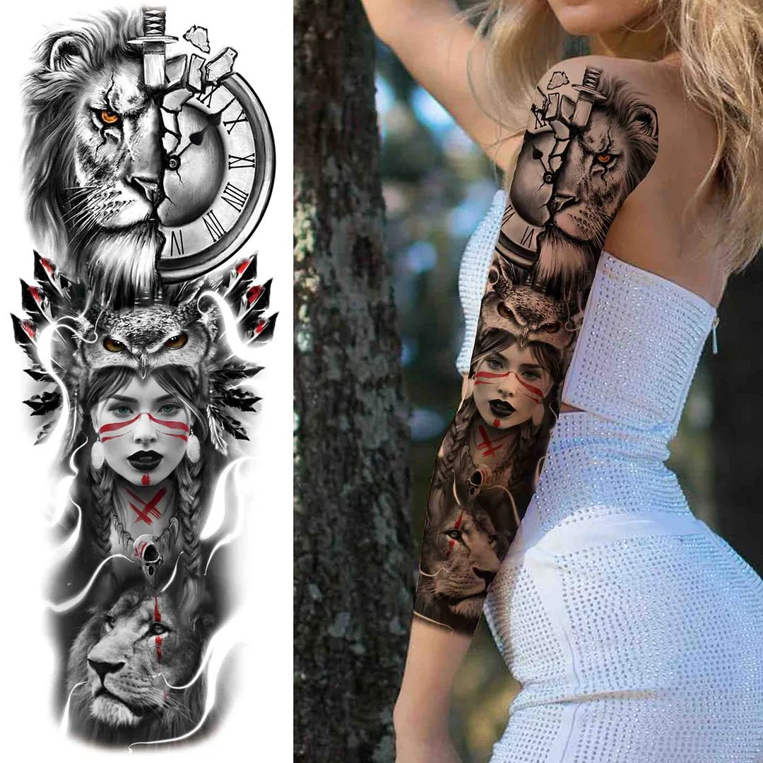Sexy Girl Flower Temporary Tattoos For Women Men Black Lion Triangle Tattoo Sticker Fake Tribal Full Arm Sleeve Tatoos Paste 1108-1