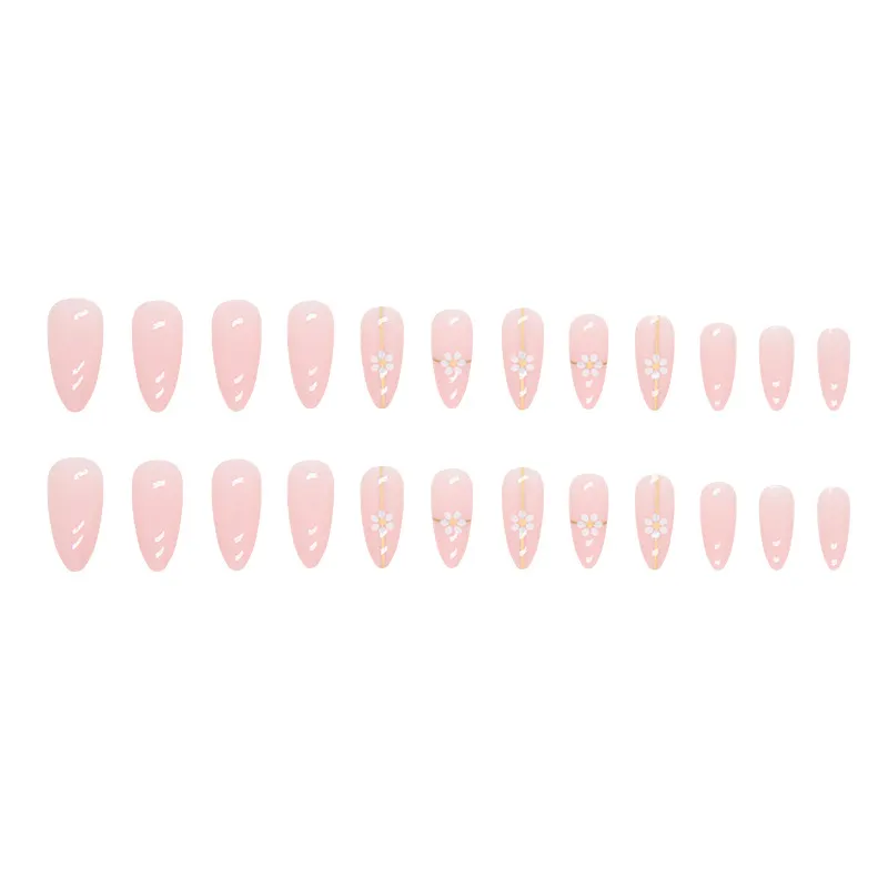 Churchf Churchf Pure Desire Gold Line Floret Nail Round Head Almond Nail Girl Powder Sweet Fake Nail 24 Pieces Of Practice Nail