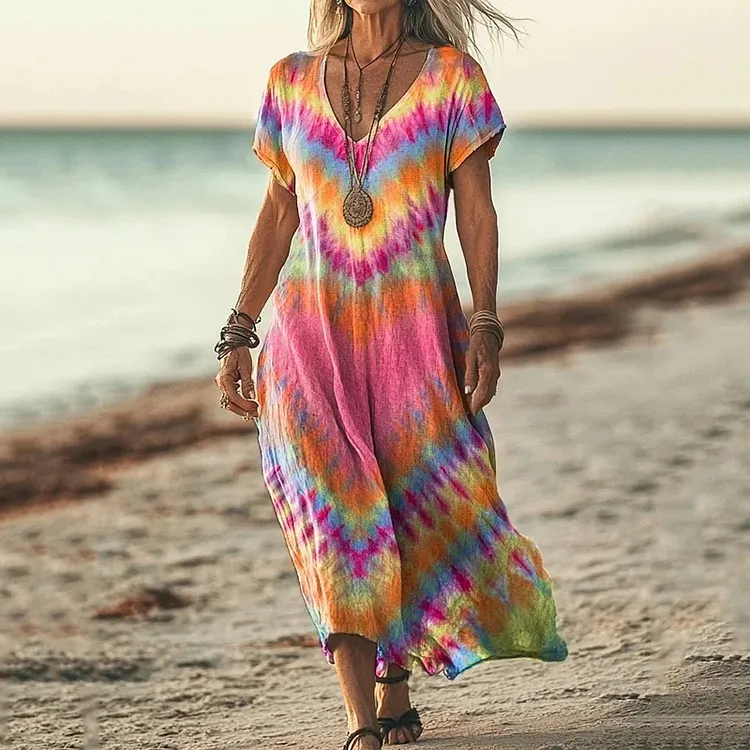 Women's Retro Colorful Heart Tie-dye Print Midi Dress