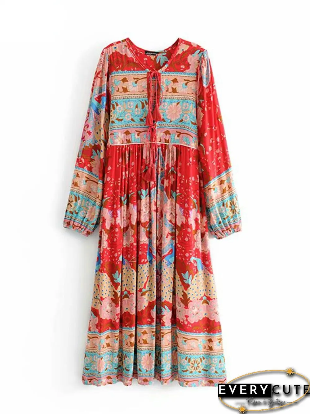 Vintage Chic Fashion Women Long Sleeve Tassel Red Floral Print Beach Bohemian Maxi Dresses Ladies Cotton Pleated Boho Dress Robe