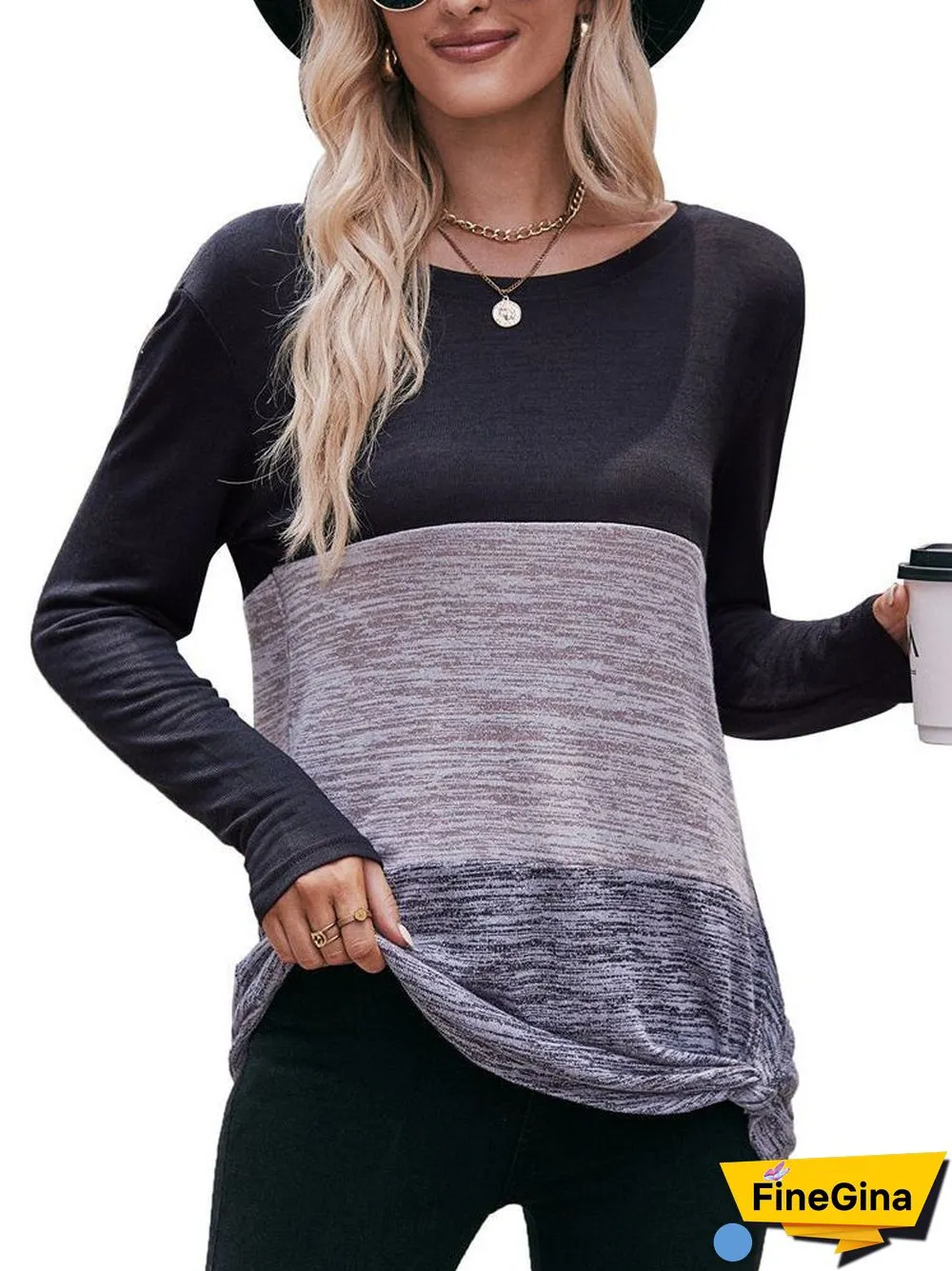 Women's Stitching Solid Color Long Sleeve Scoop Neck Top
