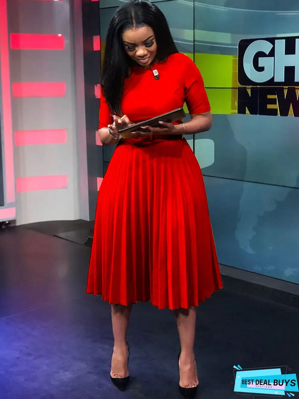 Short Sleeve Solid Color Pleated Midi Dresses with Belt