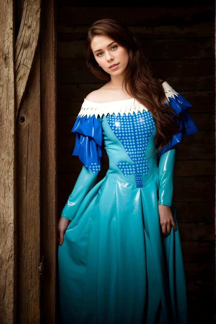 Women Latex Dress Royal Blue Ruffle Hem Gown