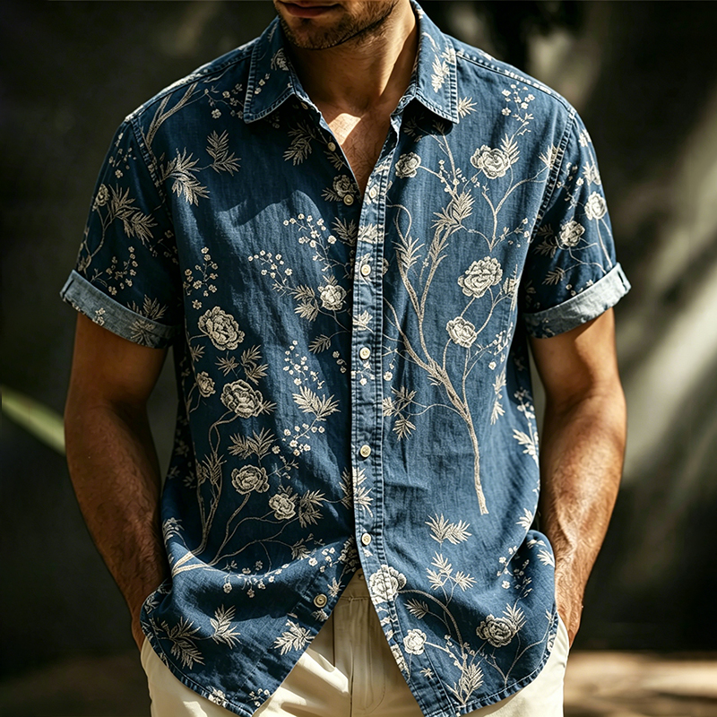 Comstylish Men's Floral Embroidered Art Linen Blend Short Sleeve Shirt