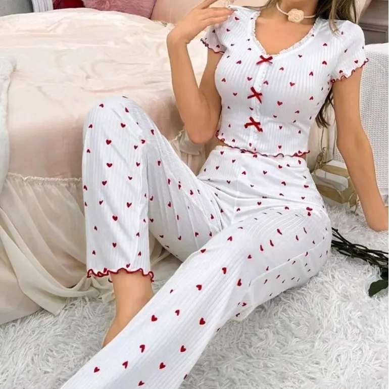 Churchf Hot Sales Of Printed Home Clothes Rolls Love V Collar Long Sleeves Pajamas Women Can Wear Trousers Two Sets