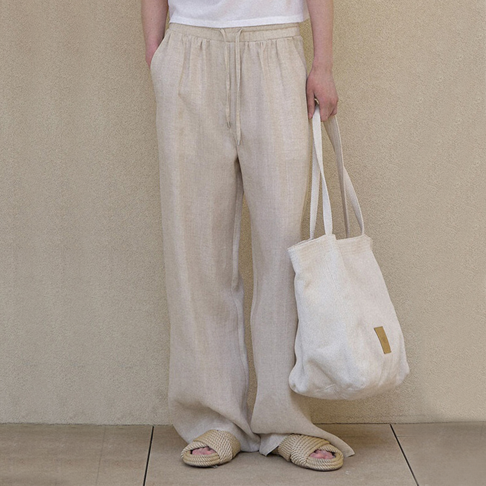 Linen Pants Women 100% Linen Drawstring Wide Leg Trousers REAL SILK LIFE