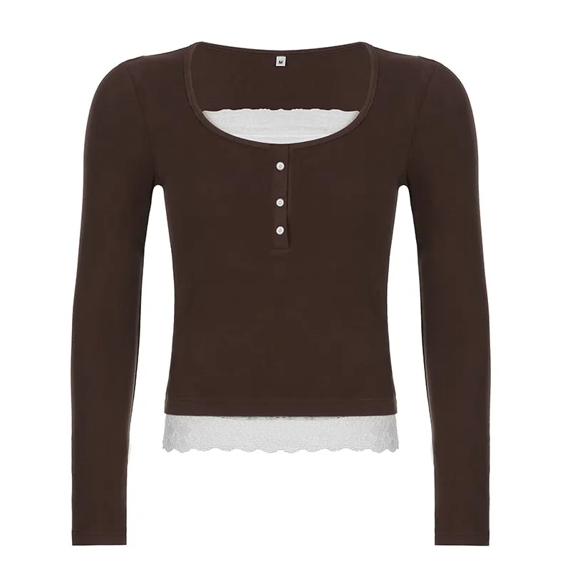 Rapcopter Y2K Sweet Cute Crop Top Lace Frill Bow Pullovers Vintage Square Collar T Shirt Women Skin Button Prepply Korean Tees