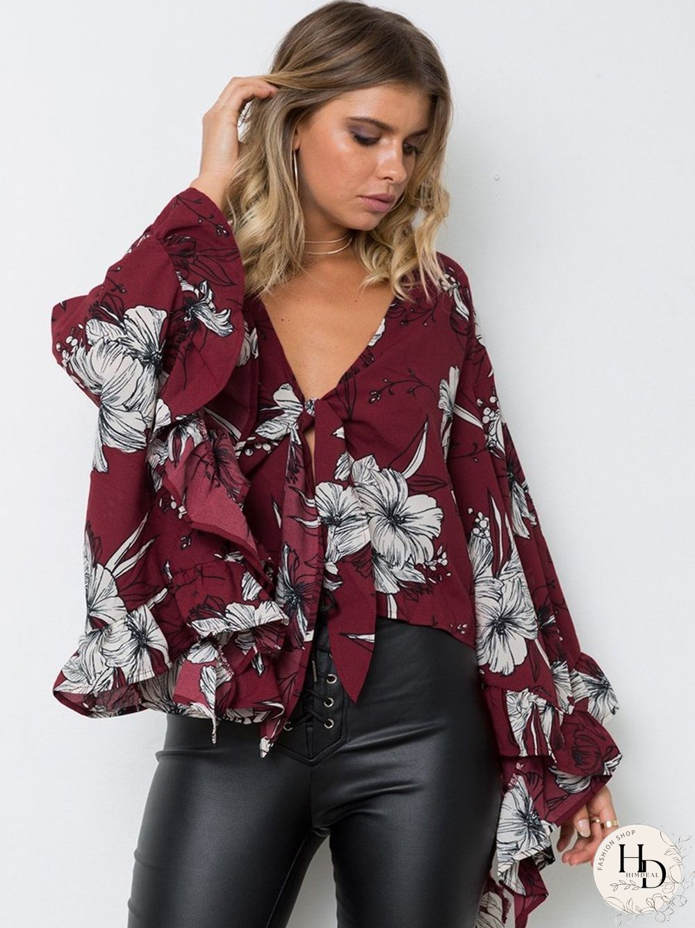 Long Sleeve Floral V-Neck Irregular Hem Top