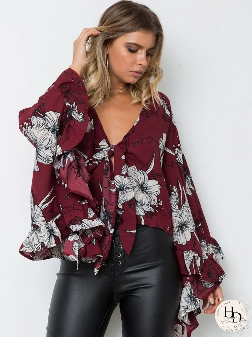 Long Sleeve Floral V-Neck Irregular Hem Top
