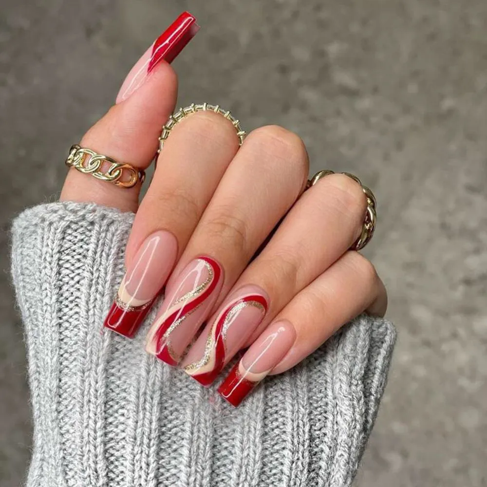 Detachable Marble Gradient Long Coffin False Nails Wearable Gold Foil Ballerina Fake Nails Full Cover Nail Tips Press On Nails