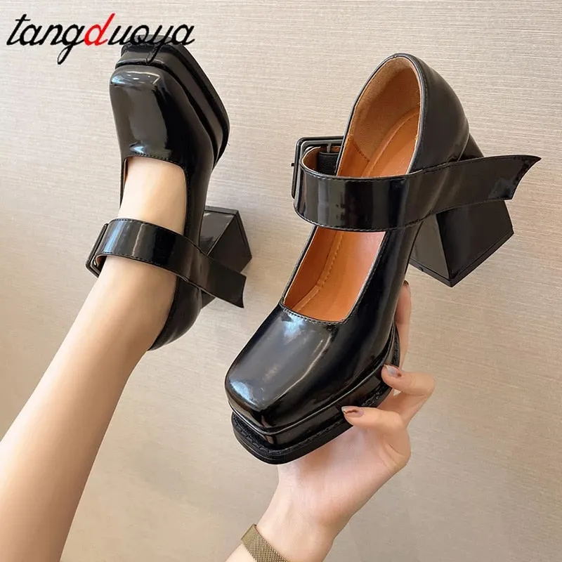 platform heels Pumps chunky shoes Mary Jane Heels Shoes Women Square Toe Chunky Platform Pumps Women One Strap Buckle Rhinestone