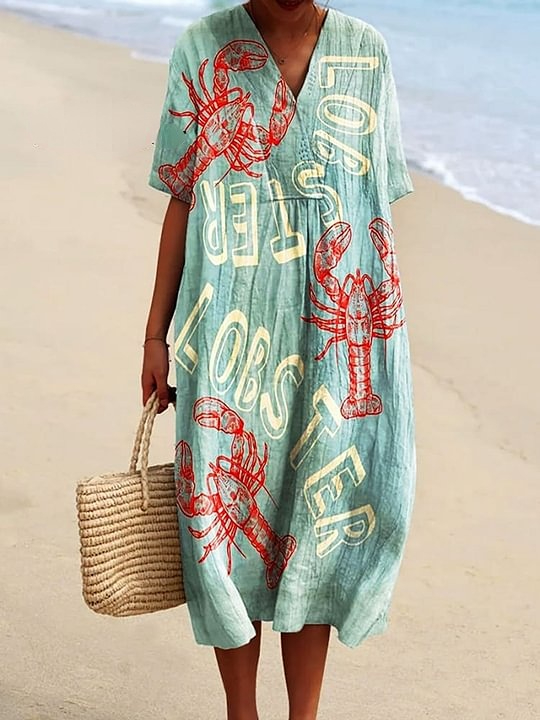 Women's Vintage Lobster Art Print Flowy Dress