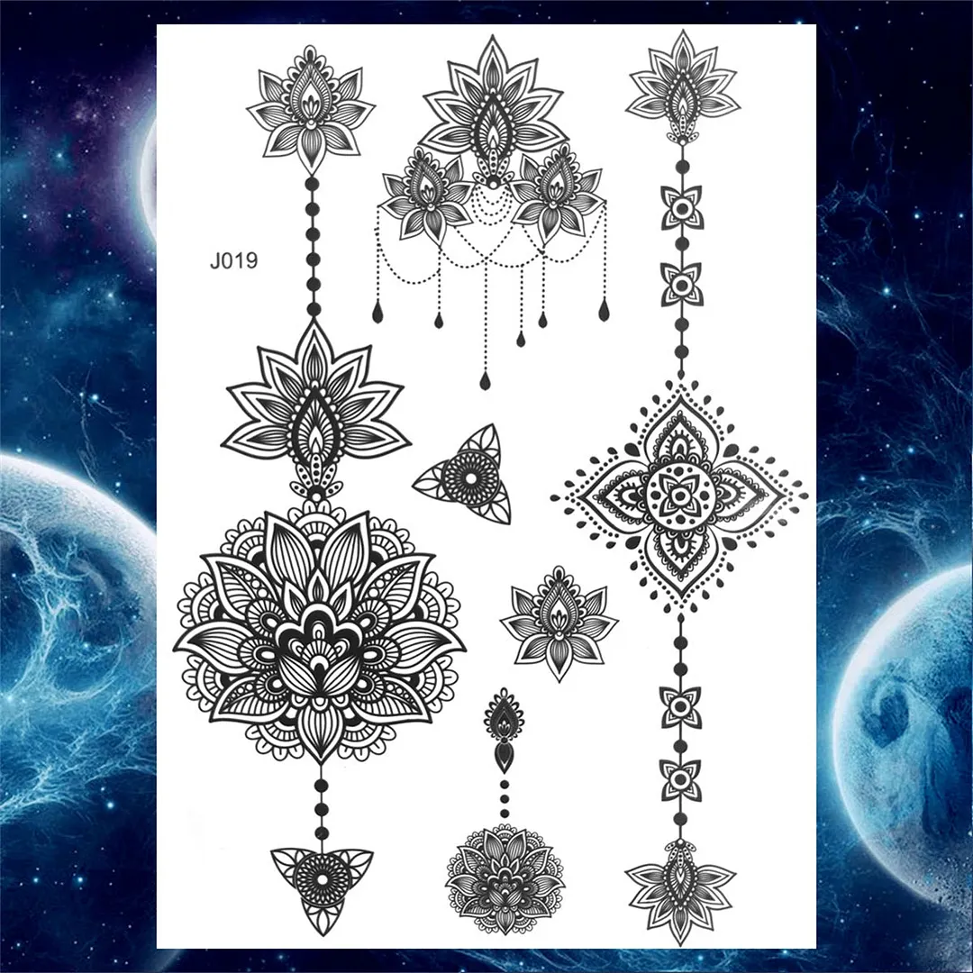 Sexy Black Henna Temporary Tattoos For Women Girls Lotus Flower Lace Tattoo Sticker Fake Jewelry Mandala Body Chest Tatoos Paper