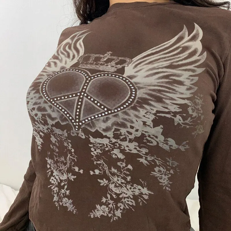 Xingqing Fairy Grunge Heart Wings Print Top Graphic Tee Vintage Cyber Y2k Aesthetic Clothes Brown Long Sleeve T Shirts