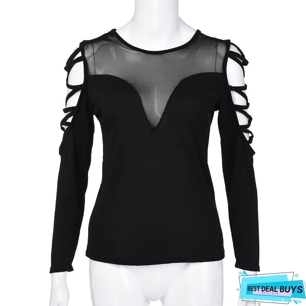 Plus Size Women Sexy Shimmer Mesh Blouse See-Through Black Perspective Bandage Tops