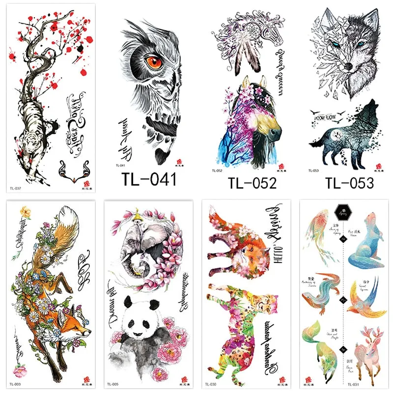 1~8 pieces of animal plants wolf bear bird art tattoo stickers disposable waterproof temporary tattoo stickers for men and women