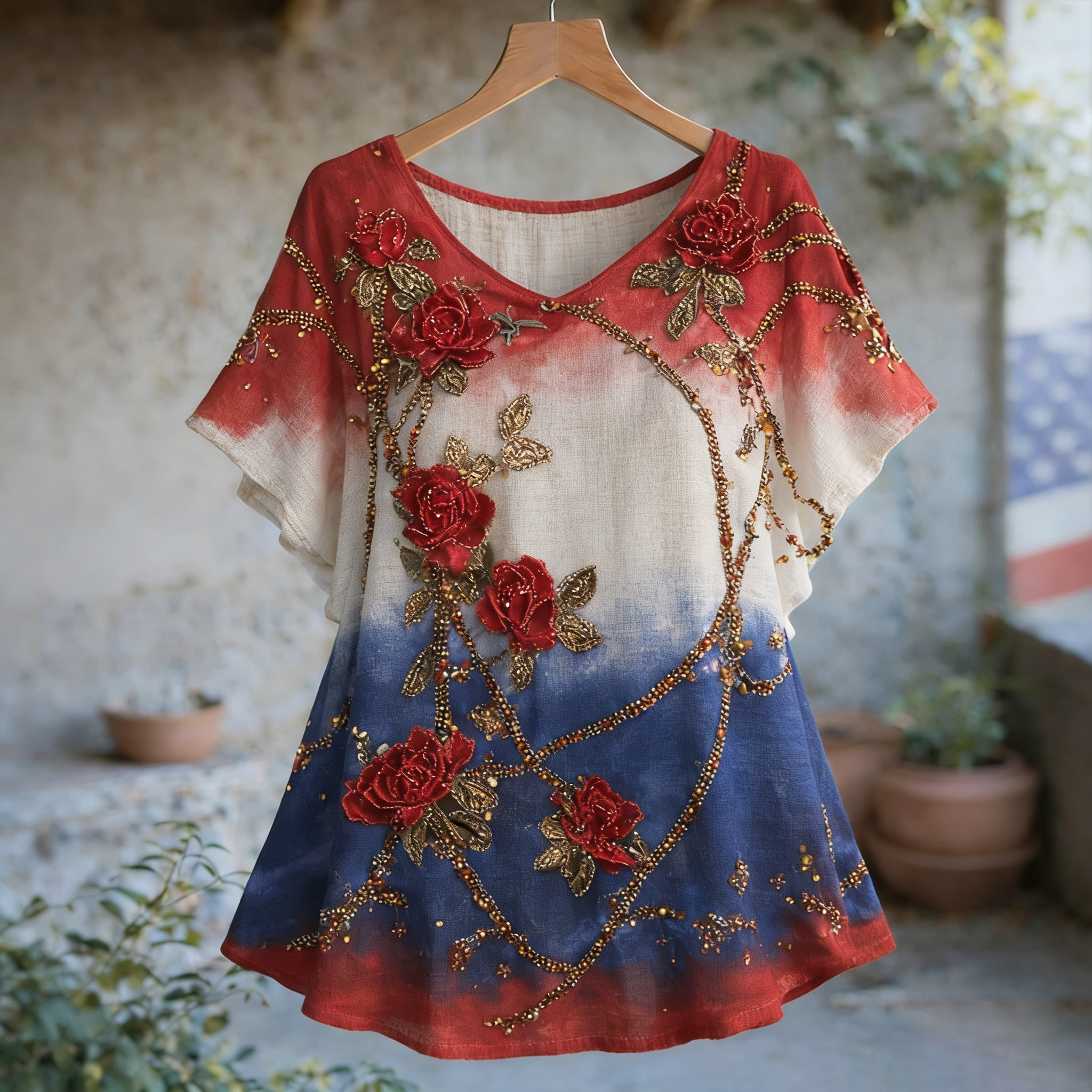Comstylish Women's Retro Independence Day Printed Patchwork Flowers T-shirt